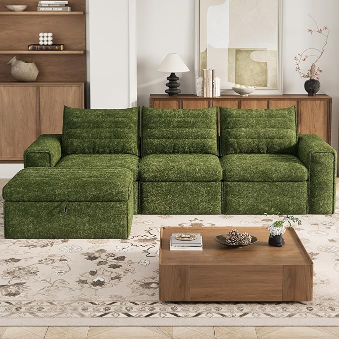 106.7" Modular Sectional Sofa with Deep Seat, Upholstery L Shaped Cloud Couch for Living Room, 3-Seater Modern Boneless Sofa with Movable Ottomans, Removable Cover, No Assembly Required