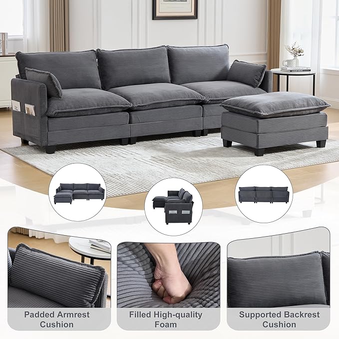 Modular Sectional Sofa Couch with Reversible Ottoman, 103" Oversized Corduroy Cloud Couch, 3 Seat Sectional Sofa with Solid Wood Frame and Side Pockets,for Living Room & Apartment