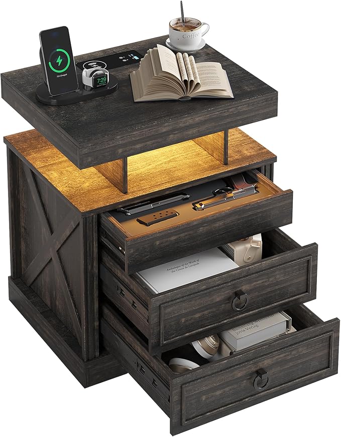 WOOVIVS Side Table with Gun Drawer - Farmhouse Night Stand with Charging Station for Bedroom, Smart End Table with LED Lights for Livingroom, Hidden Compartment Nightstands-Rustic Brown by WOOVIVS