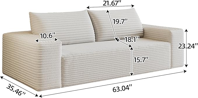 JINGLING 63" Small Couches for Small Spaces, Comfy Boneless Couch in a Box, Love Seat Compressed Sofa for Living Room Bedroom, Apartment Furniture, No Assembly, Corduroy, White
