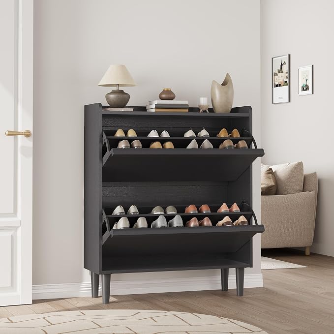 GarveeHome Shoe Cabinet with 2 Flip Drawers, Wooden Shoe Organizer Cabinet with Adjustable Shelf, Shoe Storage for Entryway, Hidden Shoe Cabinet for Hallway, Living Room, Black - Image 7