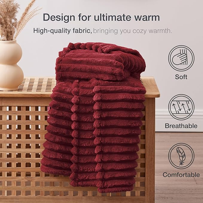 EXQ Home Fleece Throw Blanket for Couch or Bed - 3D Stripe Jacquard Decorative Blankets - Cozy Soft Lightweight Fuzzy Flannel Blanket Suitable for All Seasons(50"??60",Red)