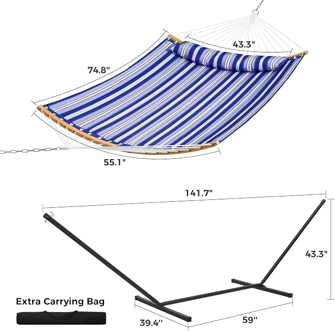 SUPERJARE Hammock with Stand, 2 Person Heavy Duty Hammock with Padded Cotton, Detachable Pillow & Strong Curved-Bar & Portable Carrying Bag, Perfect for Outdoor & Indoor, Navy Blue Stripe - Image 8