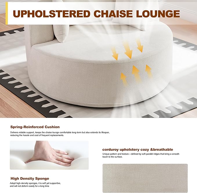 55'' Oversized Round Boneless Chaise Lounge Chair Indoor, Upholstered Corduroy Deep Seat Cloud Large Circle Sofa Couches Bed Corduroy Modern Floor No Assembly Sleeper Bed for Living Room, Bedroom