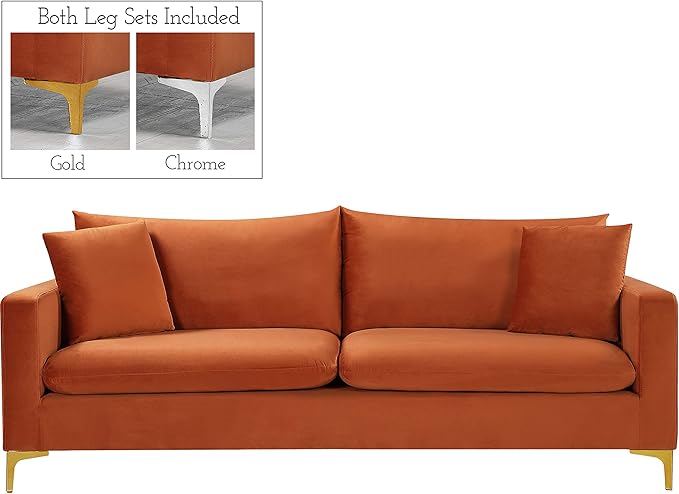 Meridian Furniture 633Cognac-S Naomi Collection Modern | Contemporary Velvet Upholstered Sofa with Deep Channel Tufting and Rich Gold Stainless Steel Legs, Cognac, 81.5" W x 33.5" D x 30" H