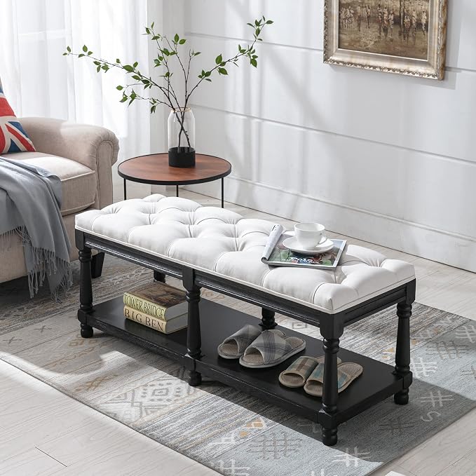 Farmhouse Storage Bench Wooden Entryway Linen Upholstered Ottoman Button Tufted Bench with Black Legs for Bedroom End of Bed Hallway Organizer, Beige, 45 Inch - Image 5