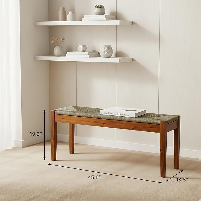Solid Wood Acacia Indoor Bench with Natural Woven Seat, 45 Inch Wood Bench for Living Room or Entryway, Bedroom End of Bed Bench or Dining Benches, Window Bench - Image 2