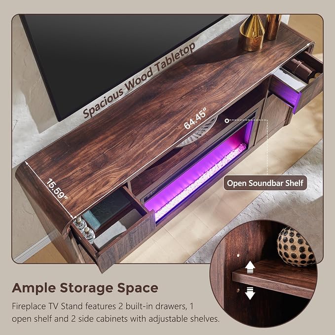 Modern Fireplace TV Stand with 36" LED Electric Fireplace for 80 inch TVs, 32" Tall Entertainment Center w/Drawers &Adjustable Shelves, Wood Media Console w/Curved Profile Design for Living Room,Brown - Image 5