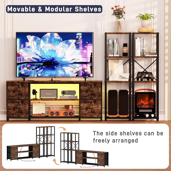 LED TV Stand Bookshelf Combo with Charging Station for 65 60 55 Inch TV, Entertainment Center with Lights & Drawers, Industrial Media TV Console Table for Living Room Bedroom Office, Rustic Brown - Image 6