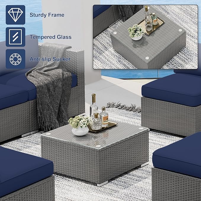 SUNCROWN Outdoor Patio Furniture Set 7 Piece Outdoor Sectional Sofa Grey Wicker Conversation Sofa Set with Coffee Table, Cushions and A Waterproof Cover -Dark Blue