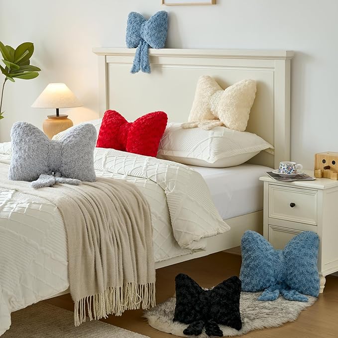 Bow Pillow, Decorative Bow Pillows with Soft Plush for Couch Bed, Bow Shaped Throw Pillow Room Decor for Bedroom, Bow Decorative Pillow for Living Room (Grey, Large-16 Inches)