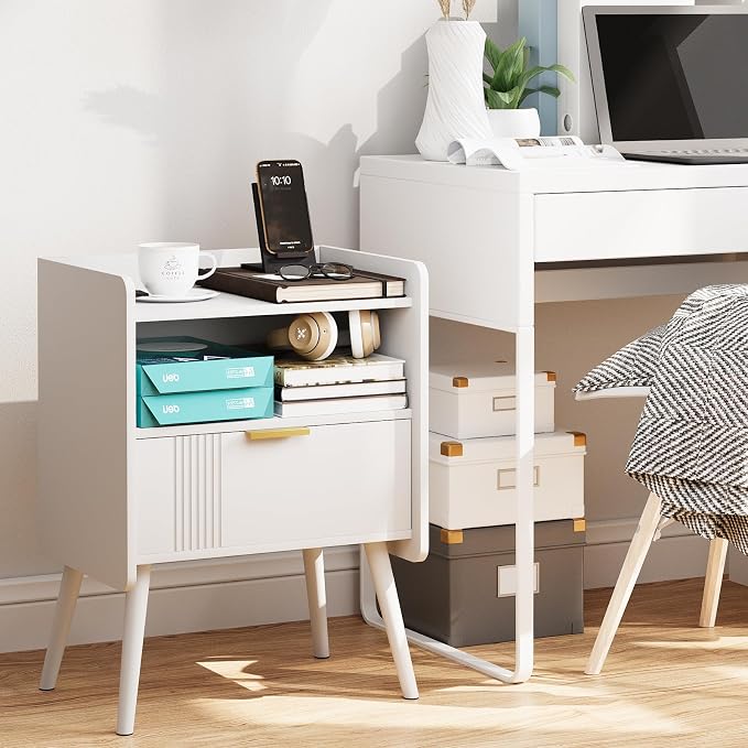 Aenuert Night Stand Modern End Table with Storage Drawer and Open Shelf, Small Bedside Table, Wooden Sofa Side Stand for Bedroom,Study Room and Small Spaces (White) - Image 4