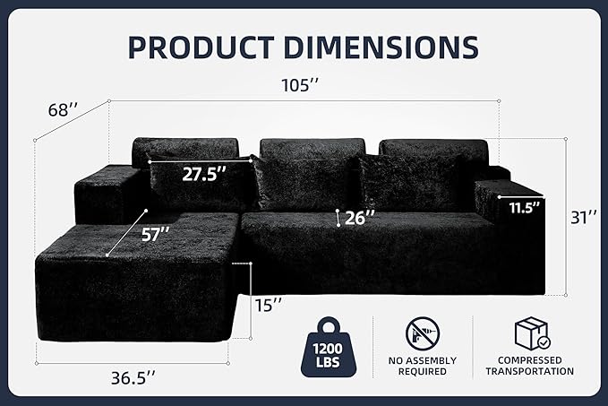 Homguava Modular Sectional Couches for Living Room,105" Cloud Couch with L-Shape Chaise,Comfy Sofa Living Room Couch with Deep Seat,No Assembly L Couch,Luxury Distressed Velvet(Black,L)