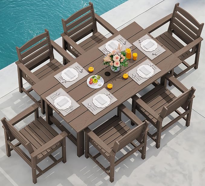 SERWALL 7-Piece Patio Dining Table Sets, Outdoor HDPE Dining Furniture Set with Umbrella Hole Cut-Out Table and 6 Chairs, All Weather Dining Set for Lawn, Garden, Backyard, Poolside, Coffee by SERWALL