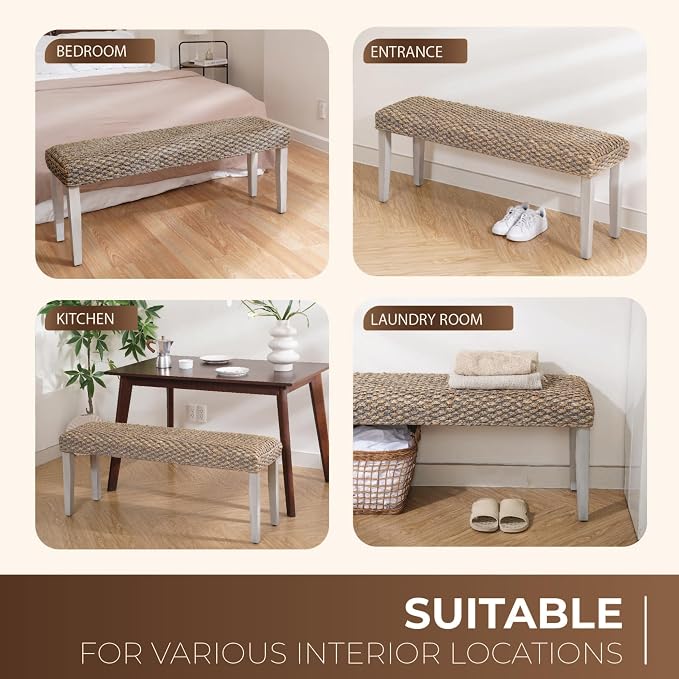 Solid Wood Acacia Indoor Bench with Natural Woven Water Hyacinth Seat, Wood Bench for Living Room or Entryway, Vintage Bench, Fishbone Style, Plait Style with Grey Leg - Image 9