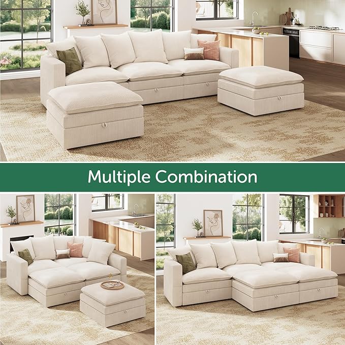 HONBAY Modular Sectional Sofa, 105.5 Inch Deep Seat U Shaped Couch with Storage & Adjustable Armrest Backrest, Beige