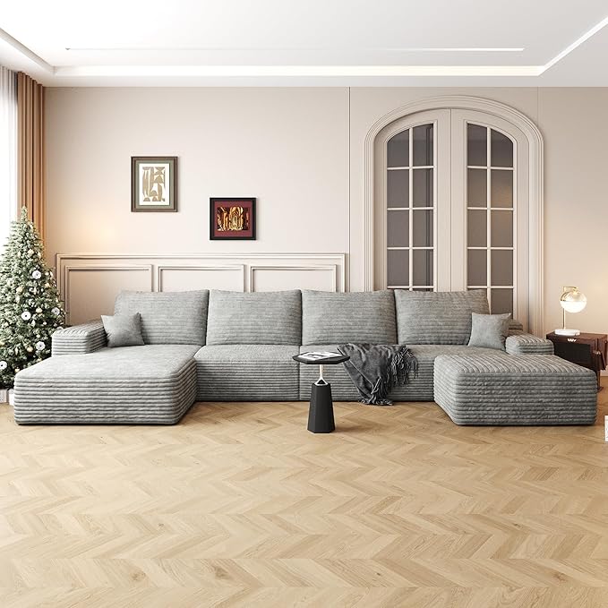 135" U Shaped Sectional Couch with Ottoman, Large Sectional Couches for Living Room, Plush Corduroy Convertible Sleeper Sofa, Compressed Foam Sofa in a Box No Assembly, Left Facing Chaise, Grey