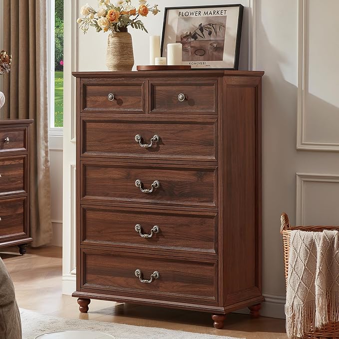 Joaxswe Farmhouse 6 Drawer Dresser for Bedroom, 42" Tall Rustic Chests of Drawers w/ 4 Solid Wood Feet, Mid Century Modern Wooden Closet Storage Dressers Organizer for Living Room, Hallway,Brown by Joaxswe