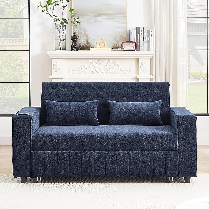 Merax 3 in 1 Convertible Sleeper Sofa Bed with Storage, Futon Couches for Living Room with USB Ports | CupHolder| Reversible Backrest | Pull Out Couch |Small Loveseat,Blue