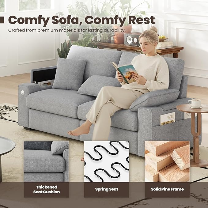 76" Loveseat Couch, 3 Seater Upholstered Midcentury Mondern Love Seat with USB Type C Ports, 4 Pillows and Storage Armrest Cloud Foam Sofa for Living Room/Small Spaces, Grey | Breathable material