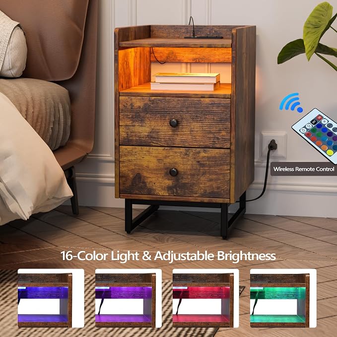 VINGLI Nightstand with Charging Station, LED Nightstand with Drawer, Wood Nightstands, Night Stand with Metal Leg, Side Table, End Table, Bedside Table for Bedroom,Rustic Brown(1 Pack) - Image 3