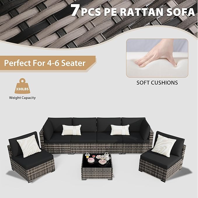 KIGOTY Patio Furniture Set,7 Pieces Modular Outdoor Sectional Sofa, PE Rattan Patio Conversation Set, All Weather Wicker Patio Furniture with Cushions and Coffee Table（Beige Black/Black）