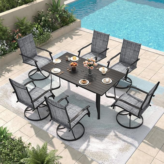 7 Pieces Patio Table and Chairs Set, 63" Metal Dining Table with Umbrella Hole, 6 High Back Textilene Swivel Chairs, Dining Table Set for 6, Outdoor Furniture for Porch Deck Yard Balcony, Grey by RedefineModernLiving