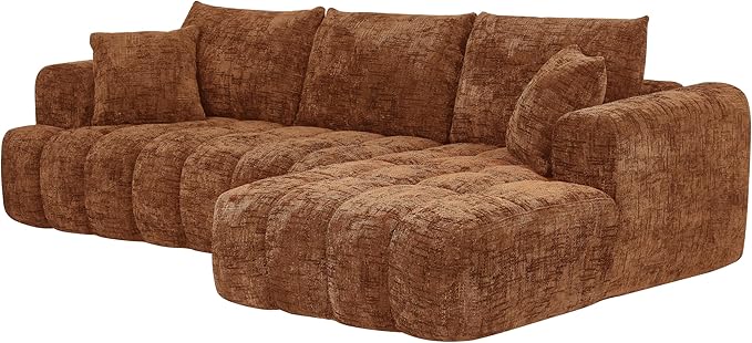 Tufted Chenille Cloud Modular Sectional Sofa,Oversized 2-Piece Right Facing Boneless Couch with Chaise Lounge, L-Shape Floor Lounge Sofa with 2 Throw Pillows for Living Room, No Assembly Required