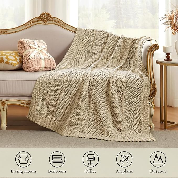 Amélie Home Knit Throw Blanket, Soft Chenille Cozy Breathable Chevron Chunky Decorative Blanket for Couch, Bed & Sofa, French-Inspired Lightweight Warm Gift for Women, Beige, 60"x80"