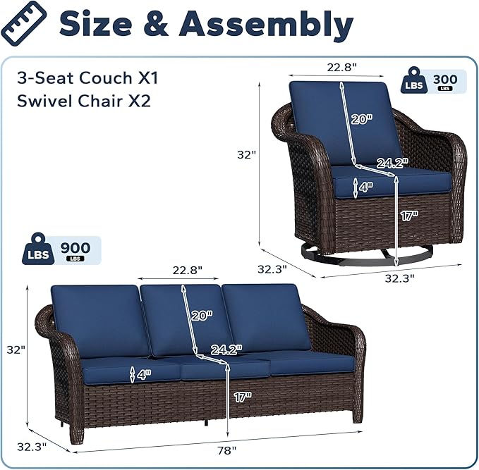 5 PCS Outdoor Conversation Set | 78" Couch, 4 Swivel Chairs, Patio Wicker Conversation Furniture with Removable Cushions for Bistro, Deck, Sunroom (Navy Blue)