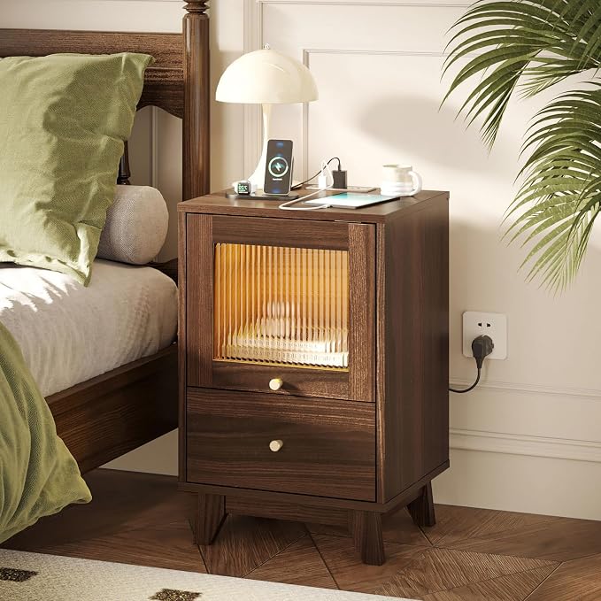 VINGLI Walnut Nightstands Set of 2 with Charging Station, Led Nightstand with Fluted Glass Drawers, Mid Century Modern Nightstand for Bedroom, 2 Drawer Woodn Bedside Table/End Table/Side Table, Walnut - Image 9