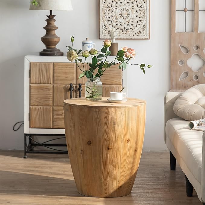 21.6" Bucket Shaped Round Coffee Table with Storage, Drum Coffee Table for Office, Dining Room and Living Room, Nature