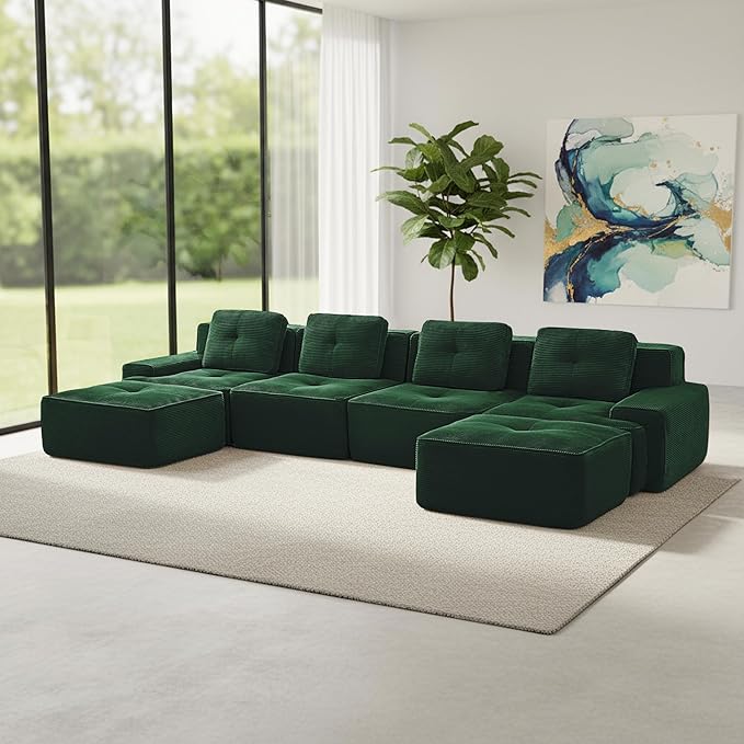 Casaphoria 150'' Green Boneless Sectional Sofa, Corduroy 4-Seater Cloud Couch with 4 Pillows & 2 Ottomans for Living Room, U-Shaped Deep Seat Modular Sofa for Apartment, No Assembly