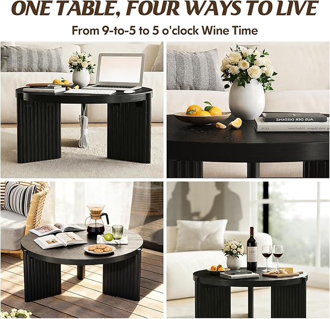Luoxiao 27.5" Round Black Coffee Table for Living Room, Mid Century Modern Fluted Wood Center Table, Circular Sofa Table with Ribbed Base & Non-Slip Footpads for Small Space, Apartment, Easy Assembly