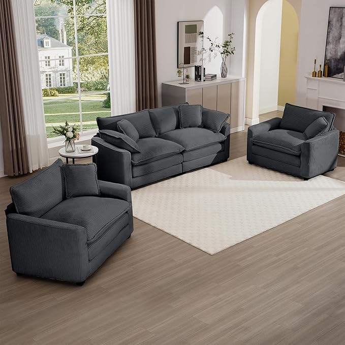KEIKI 3-Piece Sofa Set with 1 Oversized Corduroy Loveseat Sofa & 2 Single Sofa, Upholstered 4-Seater Couch Set with 6 Pillow, High-Density Foam Cushions, Removable Armrests, for Living Room, Grey