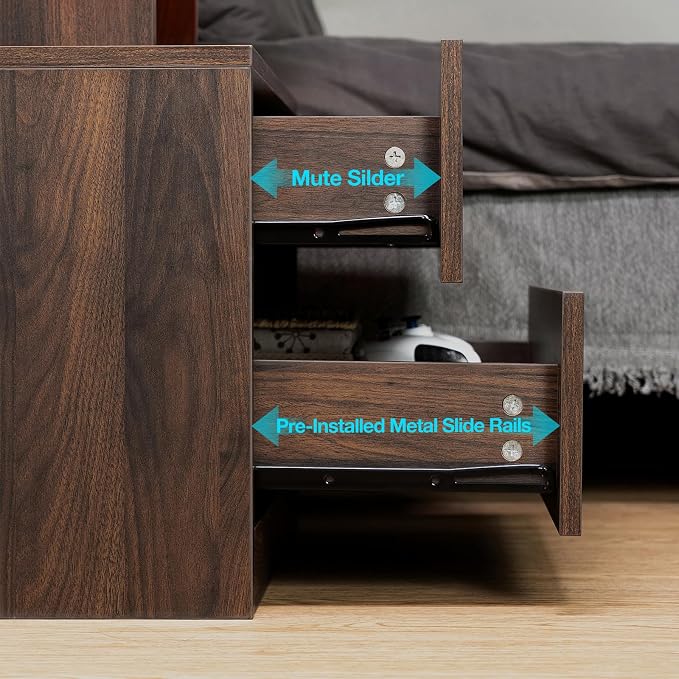 HOMMPA LED Nightstand Set of 2, Night Stand with Wireless Charging Station & USB Ports, High Gloss Bedside Table with LED Light Adjustable Brightness, Smart Nightstand 2 Drawers for Bedroom Walnut - Image 7