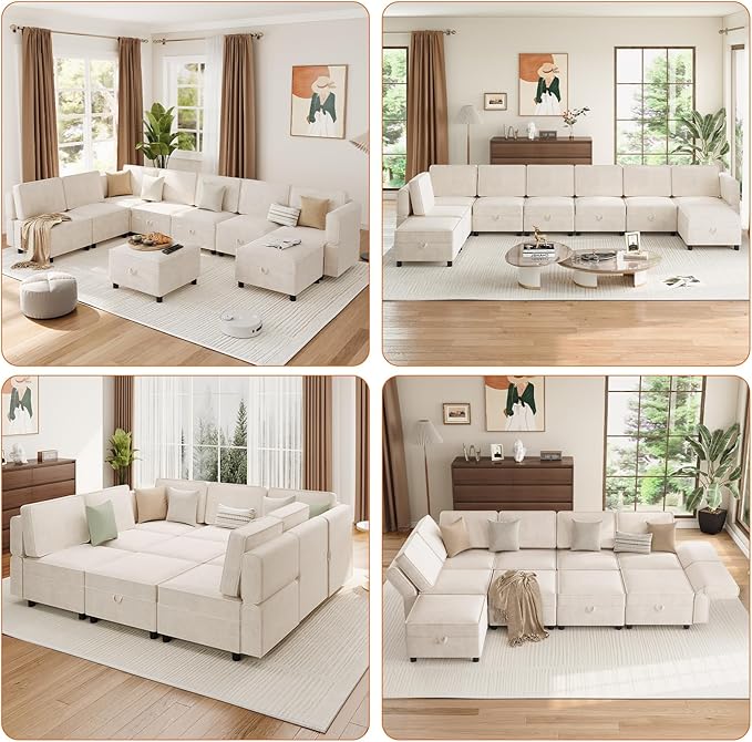 GAOMON Modular Sectional 9-Seat Sofa, L Shaped Sectional Couch with Removable Storage Ottoman, Convertible Sleeper Sofa Suitable for Living Room, Bedroom, and Apartments, Beige