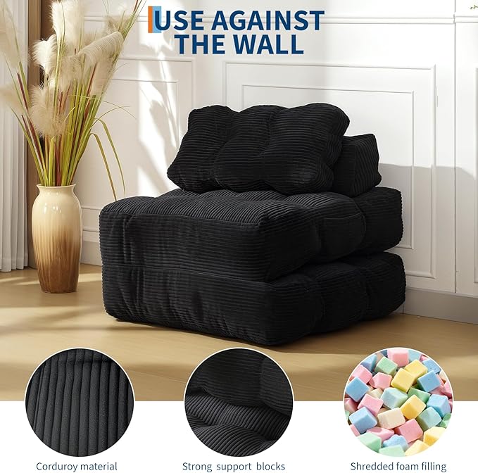 Folding Sofa Bed, Convertible Sleeper Chair with Pillow Foldable Matress with Back Support, Portable Fold Out Chair Bed Comfy Floor Sofa Lounge for Living Room Bedroom, Black, Single