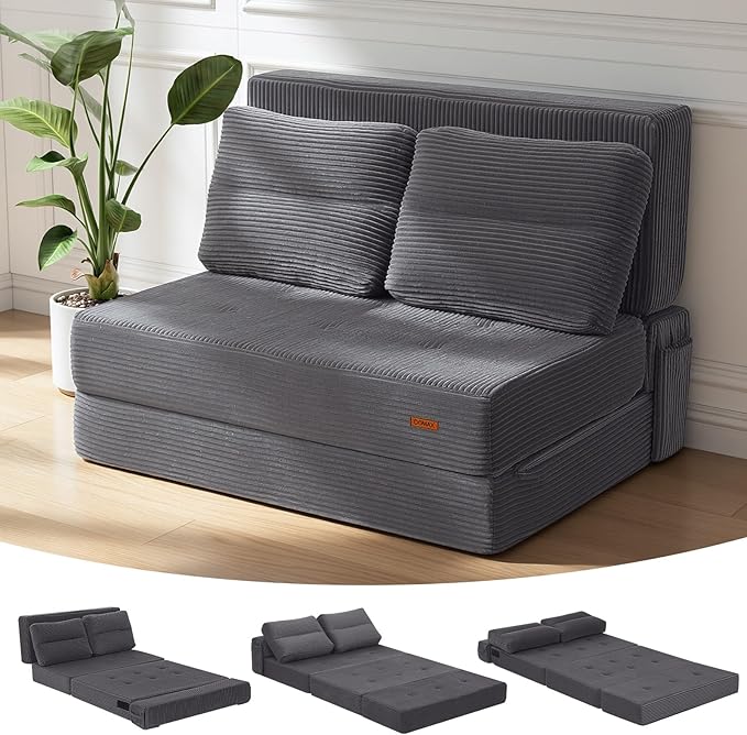 COMAX Folding Sofa Bed, Foldable Couch for Bedroom, Convertible Floor Sleeper Futon Chair Foam, Corduroy 3 in 1 Fold Out Chair Portable Comfy Lounge Couch Sofa Bed for Small Space, Twin, Grey
