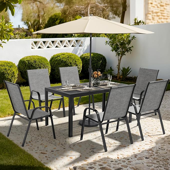 Pamapic Outdoor Dining Sets for 6, Rectangular Steel Slat Table with 6 Textilene Chairs, 7 Piece Patio Table and Chairs Set with Umbrella Hole for Patio, Garden, Backyard and Poolside (Grey) by Pamapic