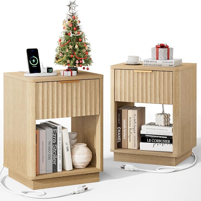 Fluted Nightstand, Night Stand Set 2, Nightstands Set of 2 with Charging Station, Wooden End Table with Drawer & Open Shelf, Modern Bedside Table for Bedroom, Curved Corners, Natural Oak by FavourLife