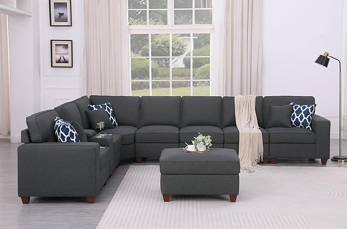 ERYE 151-Inch U-Shaped Sectional Sofa Linen Upholstered Corner Convertible Sectional,9 PCS Modular Couch with Ottoman,Storage Console, Cupholders and Charging Station