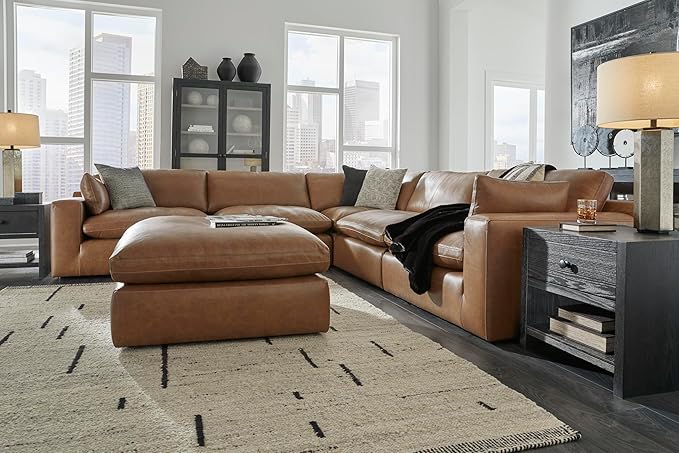 Signature Design by Ashley Emilia Modern Modular Leather Match 5-Piece Sectional with Loose Back Cushions and 2 Bolster Pillows, Light Brown