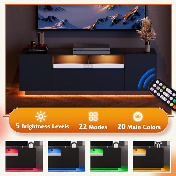 WLIVE Modern TV Stand for 65 Inch TV, Entertainment Center with LED Lights & Large Storage Cabinets, Sturdy Media Console for Living Room, Bedroom, Gaming(Black) - Image 5
