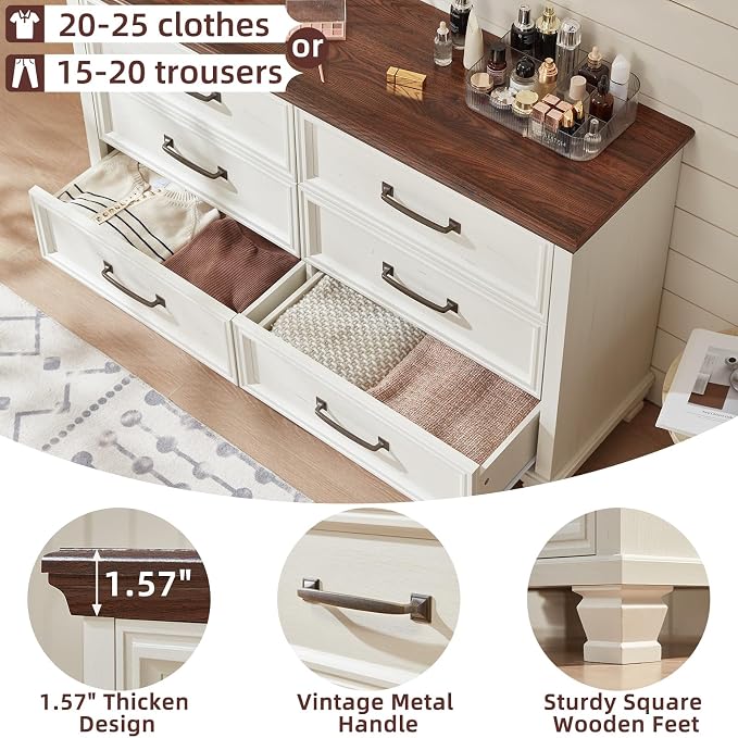 SAVOR LIFE Farmhouse White 6 Drawer Dresser for Bedroom, 54 inch Wide Vintage Large Chest of Drawers with Square Wood Legs, Rustic TV Console for Living Room, Wooden Storage Closet Dressers for Home - Image 5