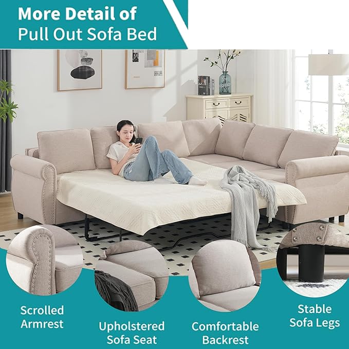 Ball & Cast 104" Sleeper Sofa Bed, L Shaped 6 Seater Sectional Sofa Couch with Pull Out Bed, 2 in 1 Pull Out Couch for Living Room, Office, Apartment,Beige
