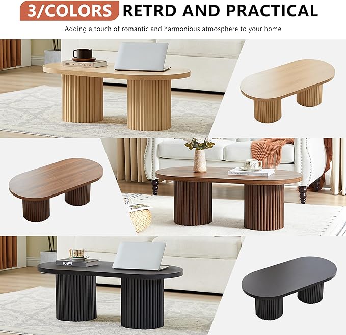 AVZEAR Oval Fluted Coffee Table for Living Room, Mid Century Modern Coffee Table with Fluted Legs, Curved Round Wooden Center Table for Home, Office, Cafe, Vintage Walnut (39.38" x 19.69" x 13.78")