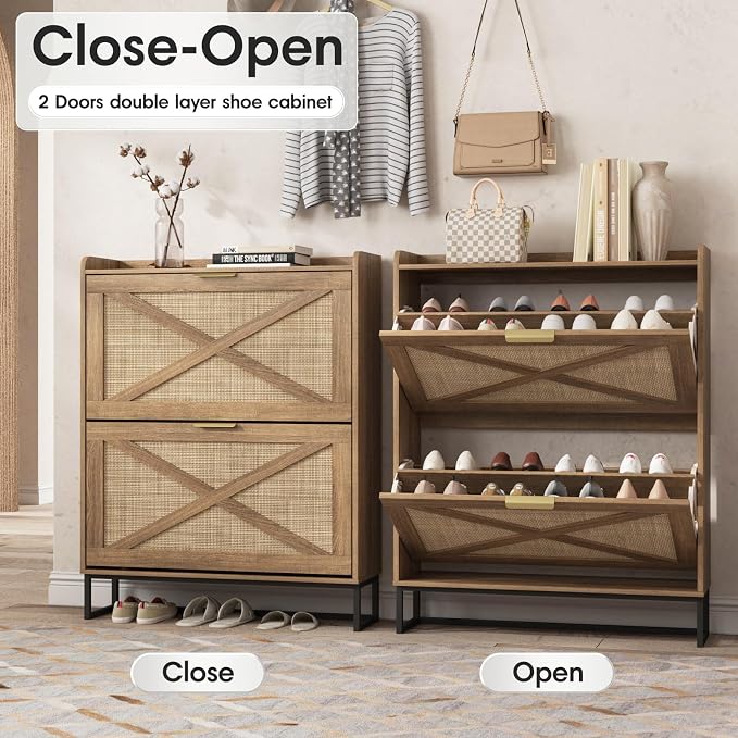 Maupvit Shoe Storage Cabinet with 2 Rattan Flip Drawers, Freestanding Organizer with Metal Legs for Entryway, Narrow Shoe Rack Cabinet, Hidden Golden Handles, Rustic Oak Rattan - Image 5