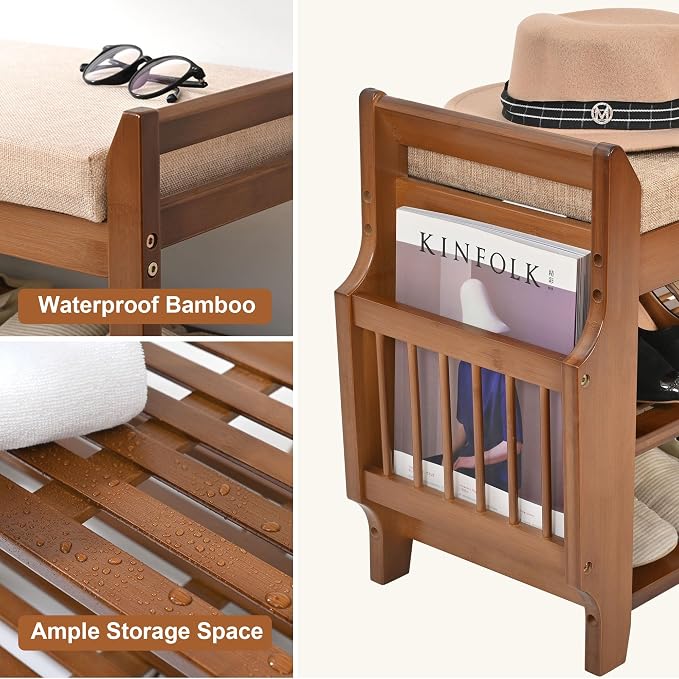 PETKABOO 2 Tier Shoe Bench, Bamboo Shoe Rack Bench, Shoe Storage Bench Organizer for Entryway Hallway Living Room - Image 8