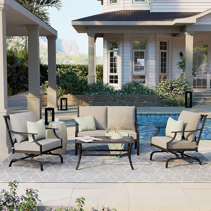 Grand patio Outdoor 4-Piece Patio Furniture Set Conversation Set with Olefin Cushions 2 Rocking Motion Chairs 1 Fixed Loveseat Glass Coffee Table, Dark Gray